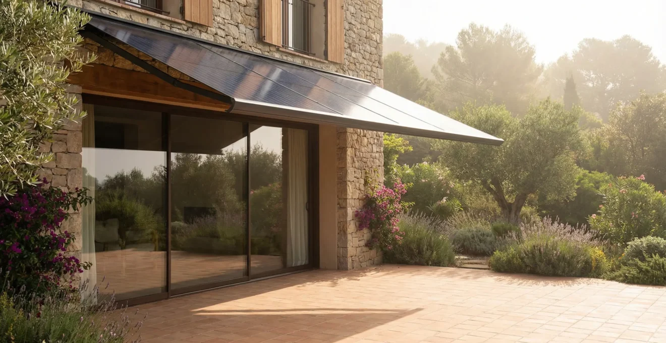 Auvent photovoltaïque installé au-dessus d'une baie vitrée sur façade maison contemporaine en été