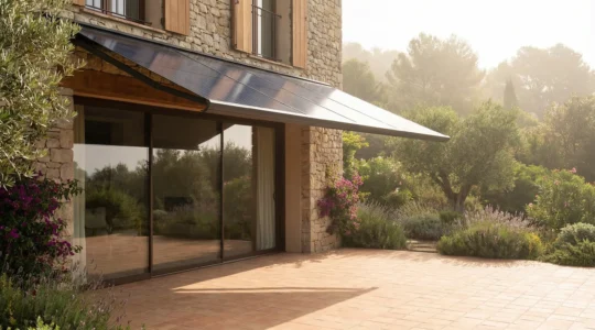 Auvent photovoltaïque installé au-dessus d'une baie vitrée sur façade maison contemporaine en été