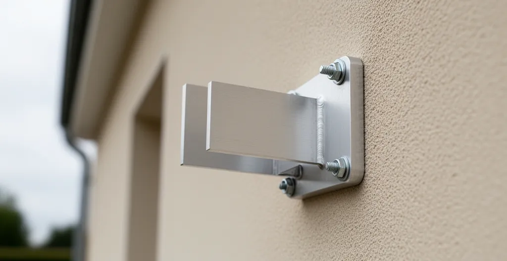 Détail système de fixation platine aluminium pour auvent photovoltaïque sur façade crépie