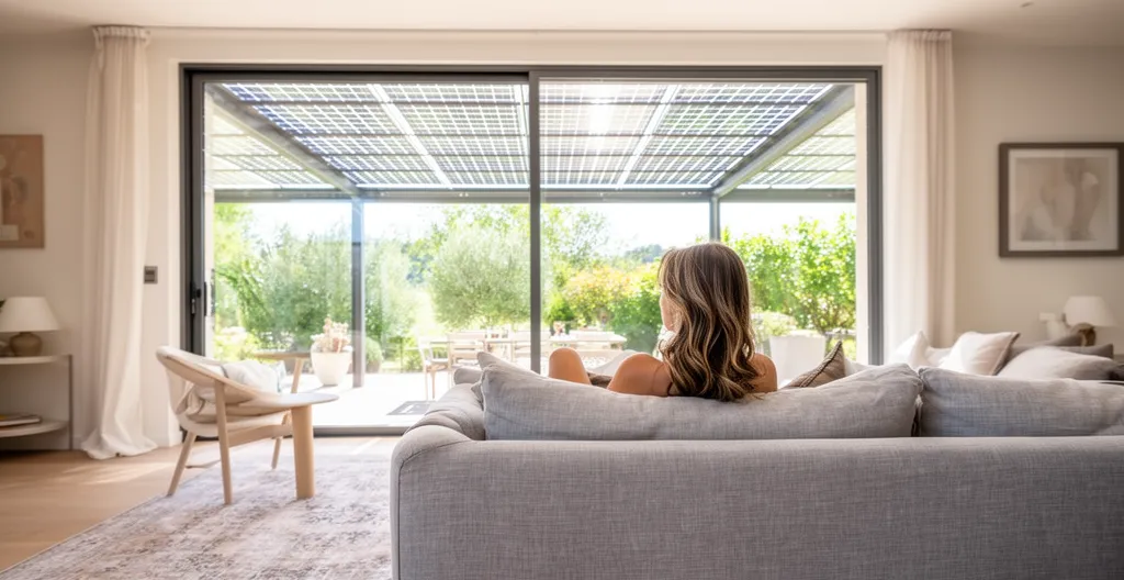Intérieur de salon lumineux protégé du soleil direct grâce à l'auvent photovoltaïque visible par la fenêtre