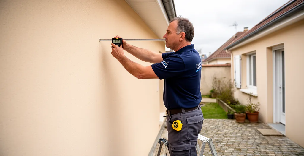 Technicien inspectant une façade avant installation d'auvent photovoltaïque avec outil de mesure