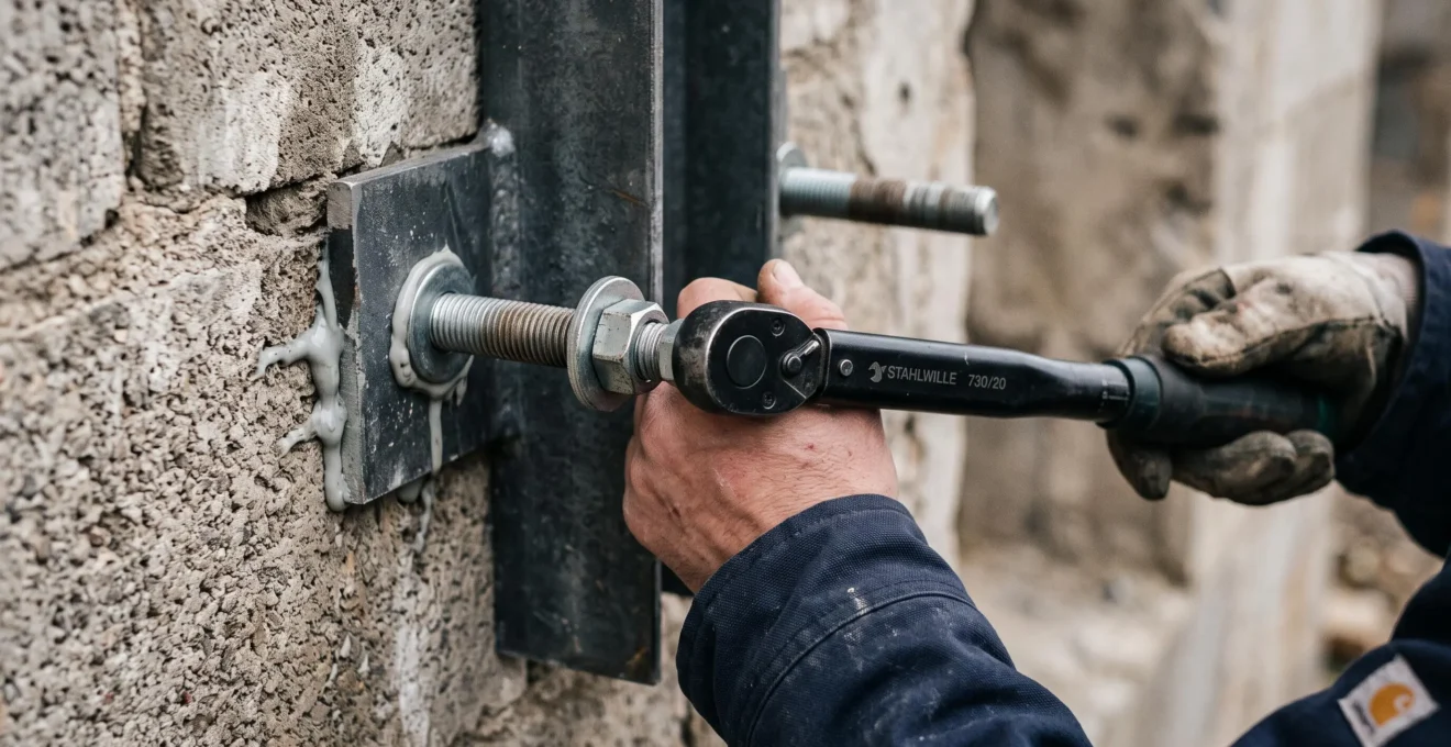 Des mains serrent un support acier fixé au mur avec une clé dynamométrique.