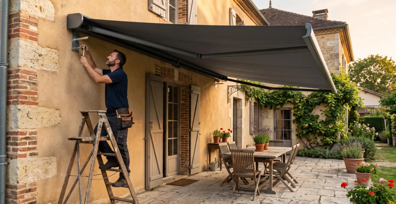 Un installateur vérifie les fixations d'un grand store banne coffre au-dessus d'une terrasse.