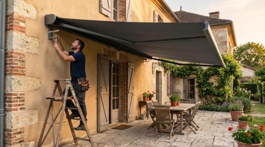 Un installateur vérifie les fixations d'un grand store banne coffre au-dessus d'une terrasse.